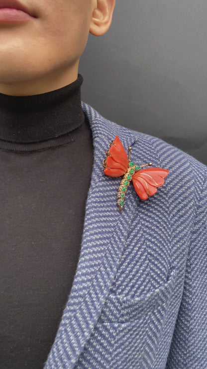 CORAL, EMERALD & DIAMOND BUTTERFLY BROOCH, 1960s
