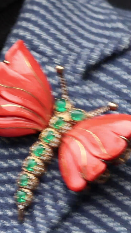 CORAL, EMERALD & DIAMOND BUTTERFLY BROOCH, 1960s