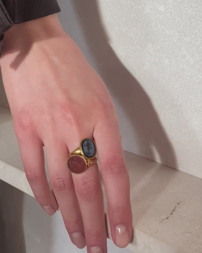 PAIR OF ANTIQUE INTAGLIO, CHALCEDONY, CARNELIAN & GOLD RINGS